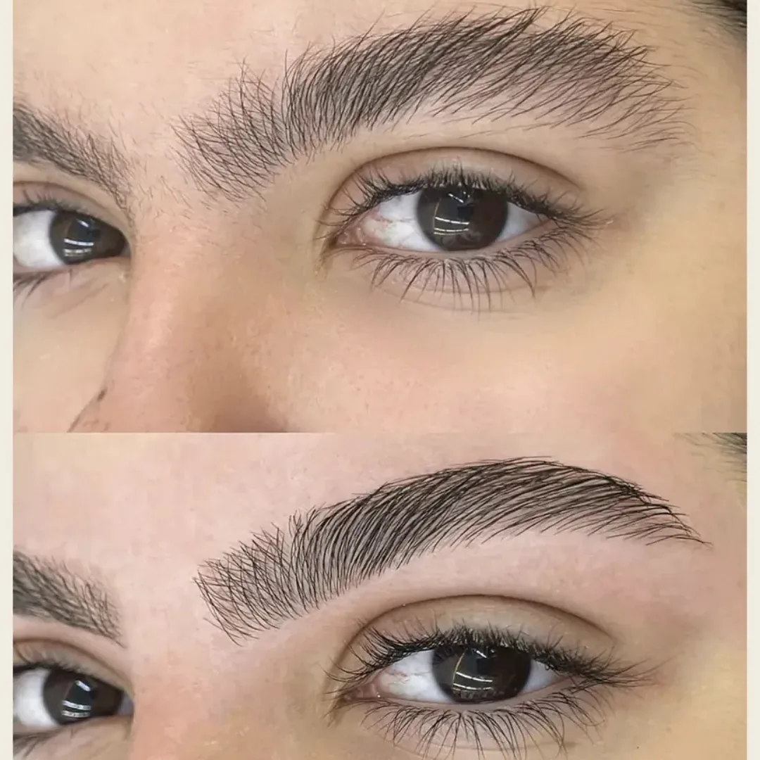Par de sobrancelhas em vista aproximada antes e depois de design: acima, o contorno com fios fora do desenho; abaixo, o arco definido mantendo a densidade natural